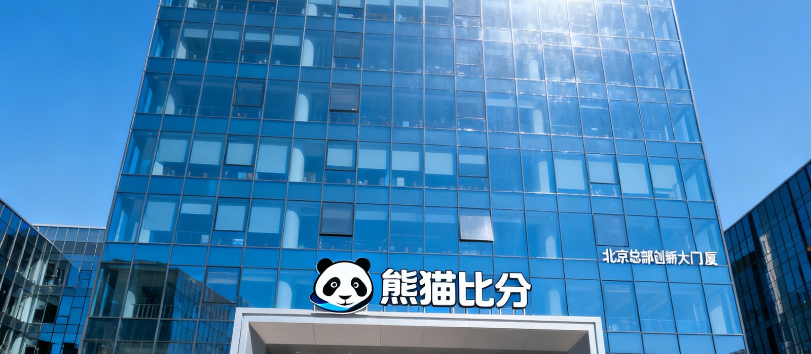 熊猫比分北京总部创新大厦B座外观，现代化玻璃幕墙建筑在晴空下熠熠生辉，入口处悬挂熊猫比分品牌标识