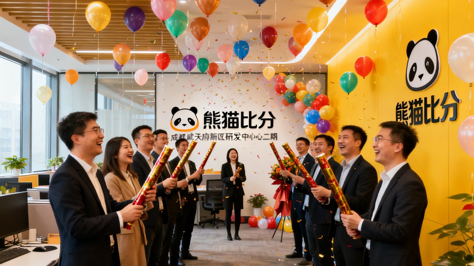 熊猫比分成都天府新区研发中心二期办公室开业仪式现场照片，员工们在挂满气球的办公区庆祝