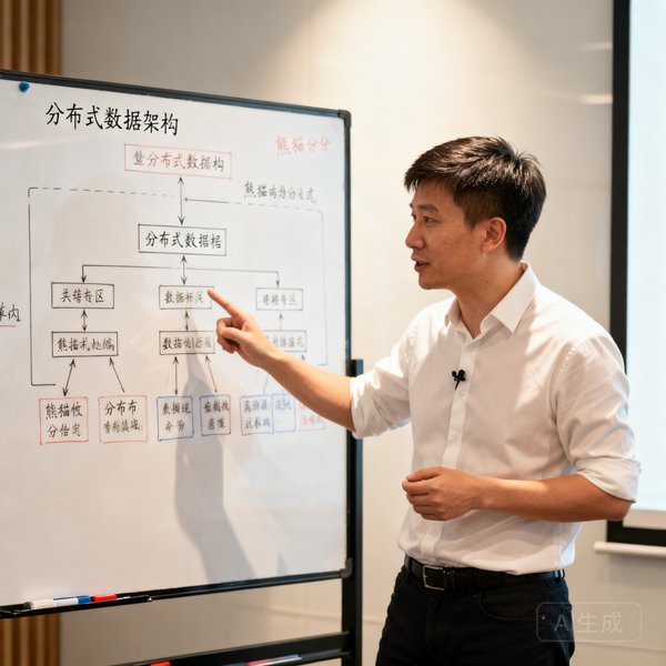 熊猫比分联合创始人兼CTO陈志宏，短发干练，正在白板前讲解分布式数据架构