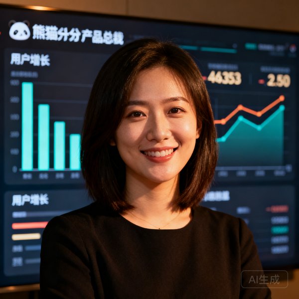 熊猫比分产品副总裁王思涵，齐肩短发微笑面对镜头，身后是用户增长数据看板